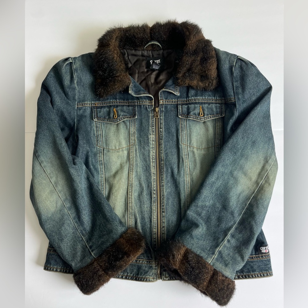 Vintage Y2K CoffeeShop Brown Faux Fur Lined Dark Blue Denim Jacket